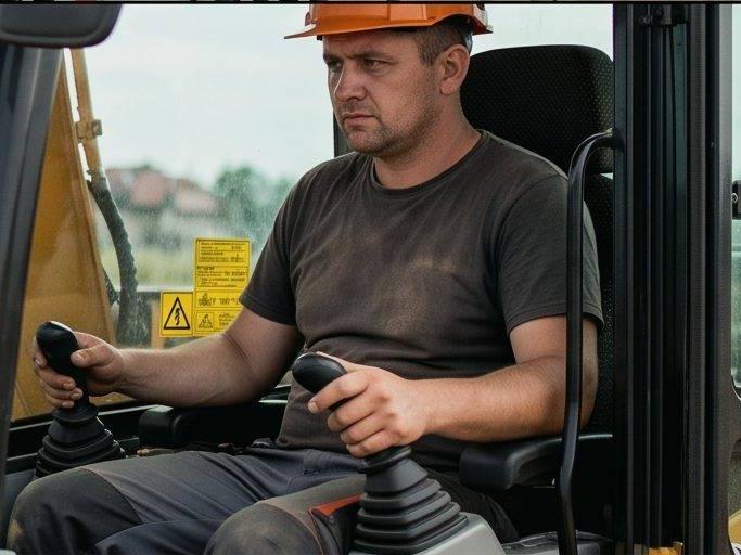 Operator koparki przy dźwigniach sterowania