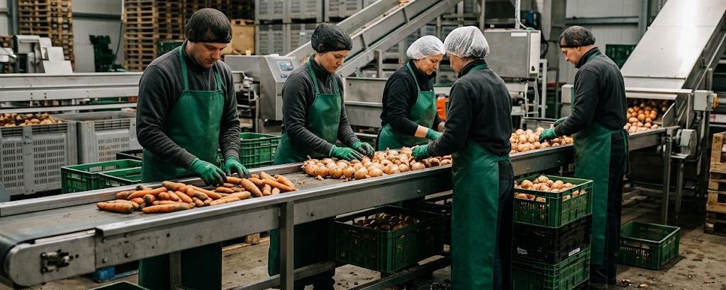 Pracownicy sortują warzywa przy taśmie w hali