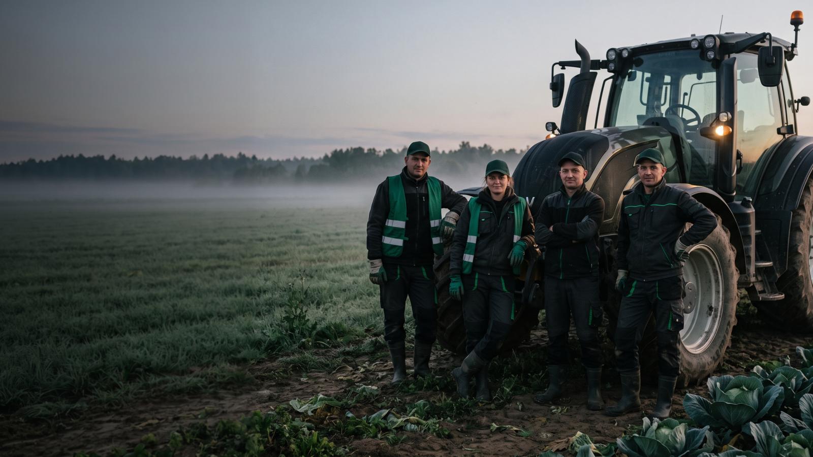 Ekipa pracowników rolnych przy ciągniku o świcie