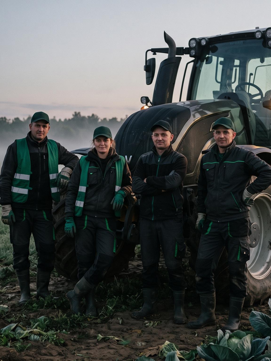 Ekipa pracowników rolnych przy ciągniku o świcie