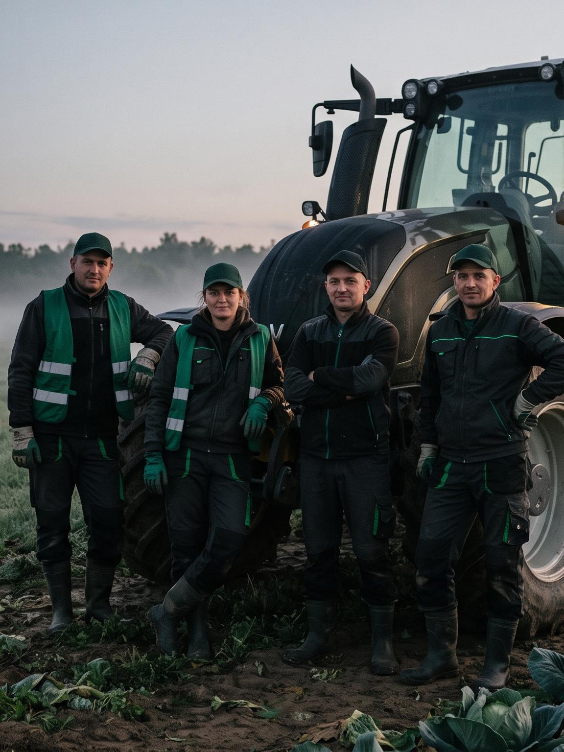 Ekipa pracowników rolnych przy ciągniku o świcie