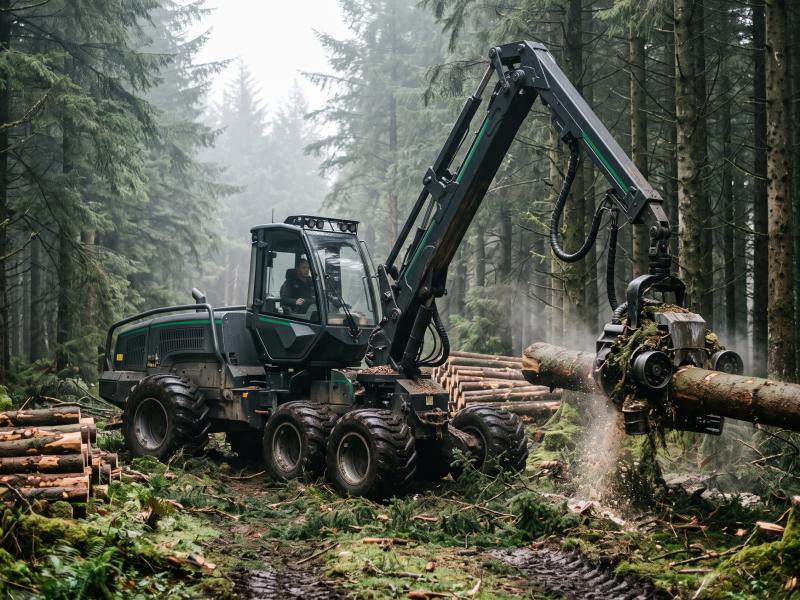 Harvester leśny tnie kłodę świerku w lesie iglastym