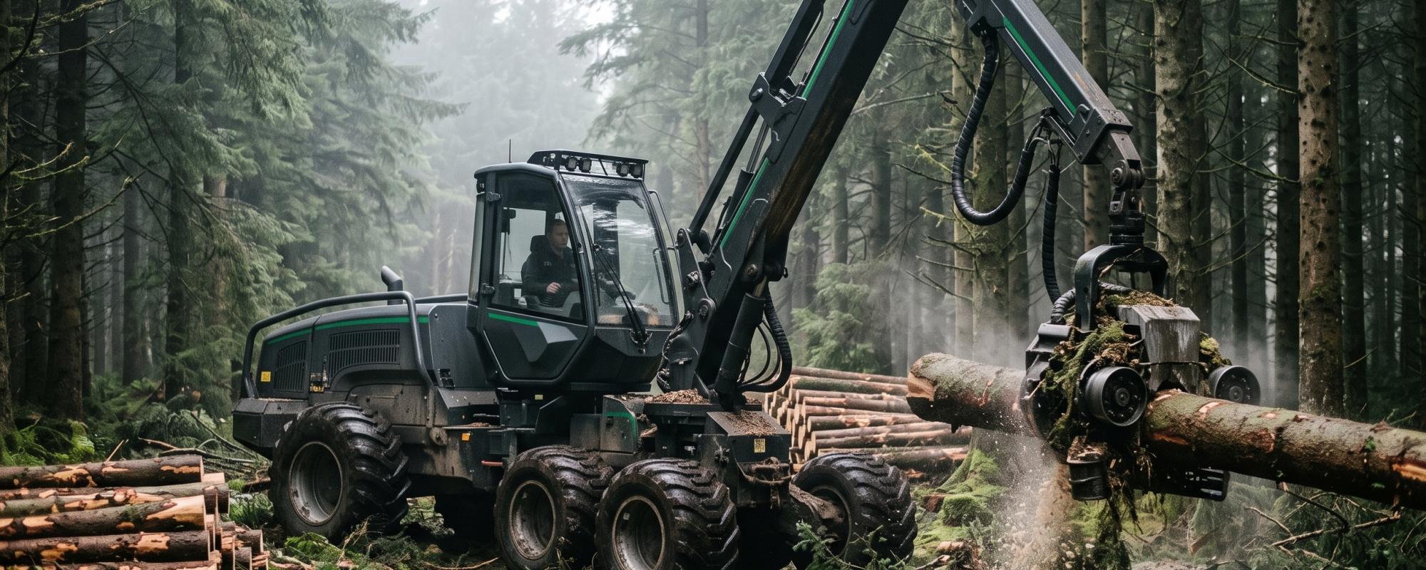 Harvester leśny tnie kłodę świerku w lesie iglastym